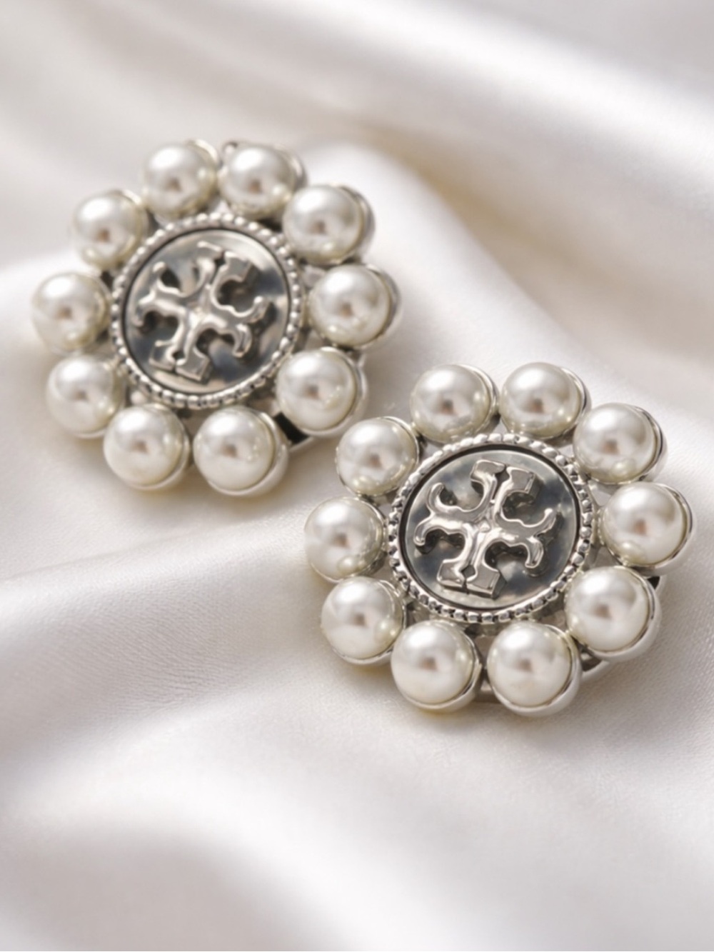 Tory Burch Silver-Tone Pearl Cluster Logo Earrings